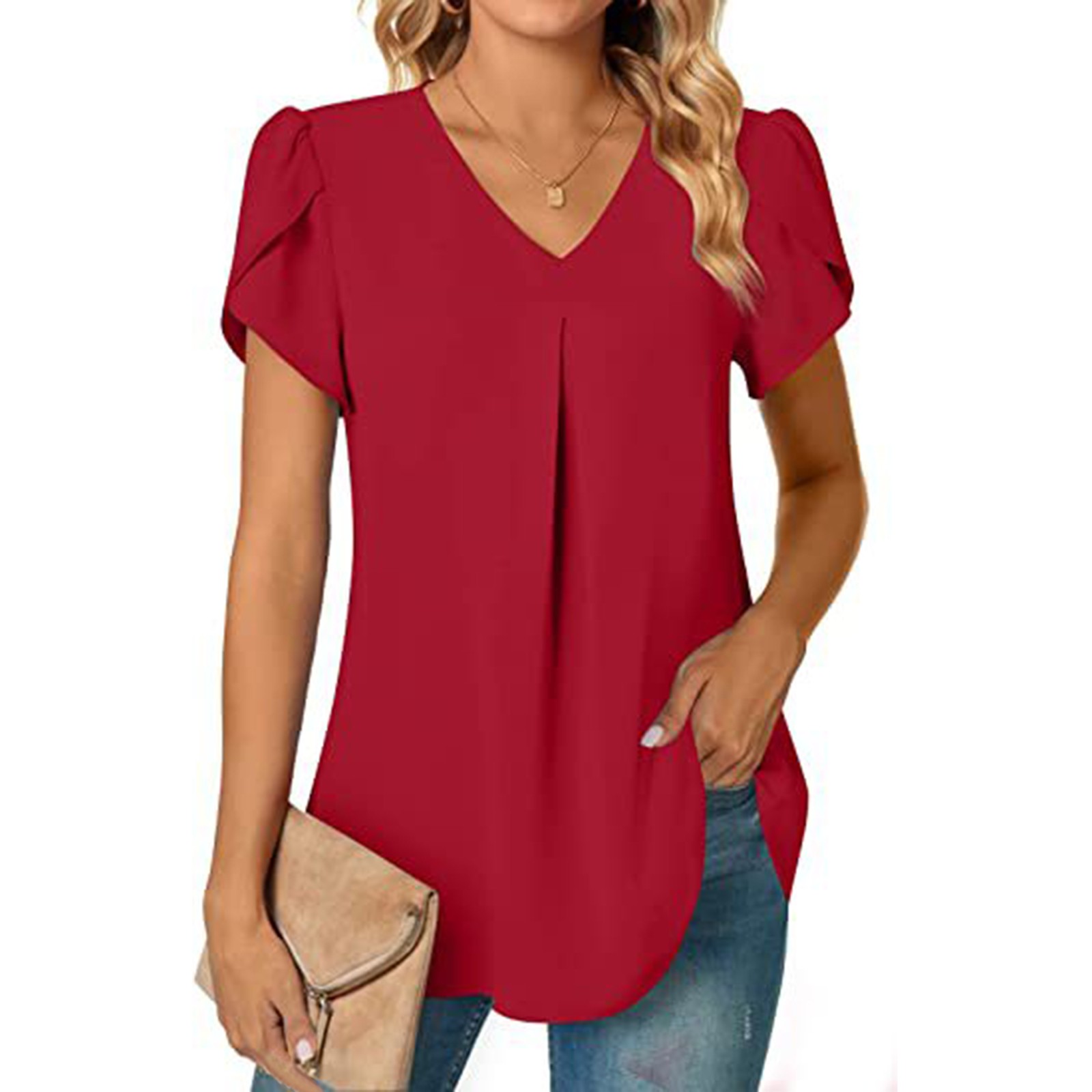 thumbnail image 1 of 2025 Top túnica de manga corta con cuello en V de gasa para mujer, ideal para leggings - Mezcla ligera de rayón, tallas S-XXL, 1 of 3